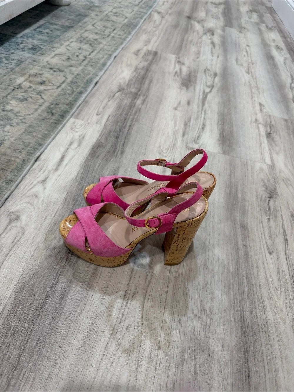 Stuart Weitzman Fuchsia Suede Cork Platform Sandals size 7 faded
